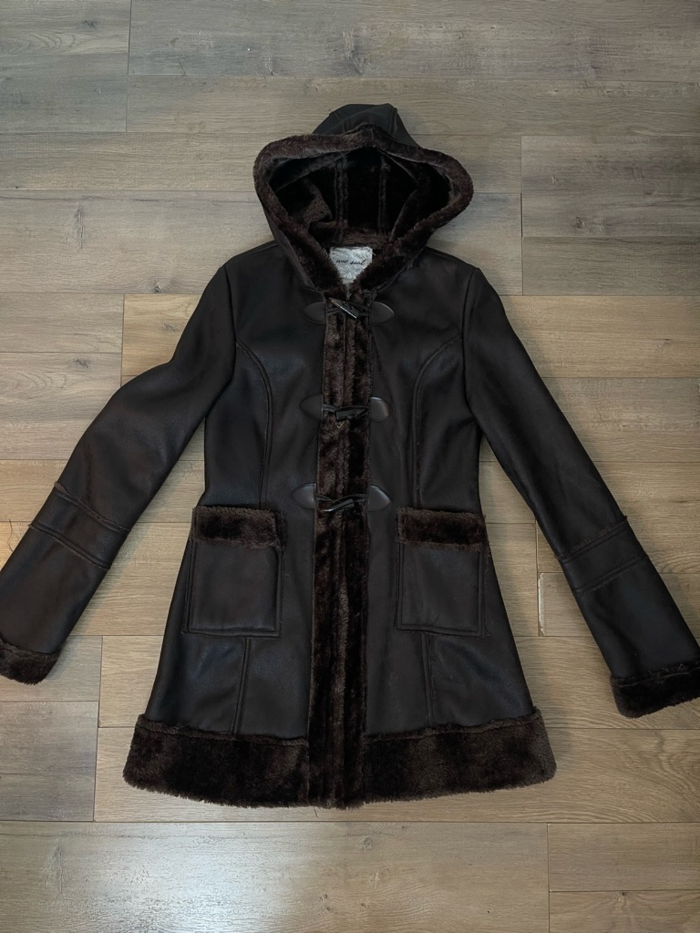 Wet Seal Dark Brown Faux Leather Hooded Coat with Faux Fur Trim